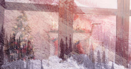 Image of winter landscape over seen through the window christmas decorations. christmas, tradition and celebration concept digitally generated image.の写真素材