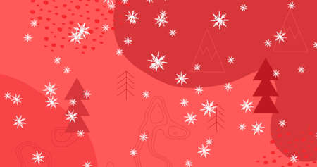 Image of snow falling over christmas decorations and fir trees on red background. christmas,...