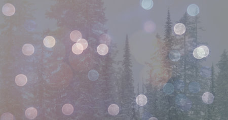 Image of winter landscape and spots of glowing lights. christmas, tradition and winter celebration concept digital composite image.の写真素材