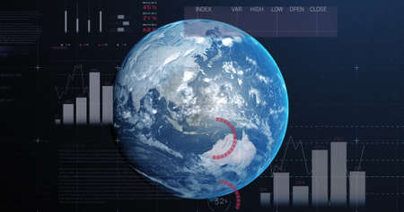 Image of financial data processing with graphs and statistics over planet Earth. Global business finances networking concept digitally generated image.の写真素材