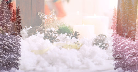 Image of winter landscape over seen through the window christmas decorations. christmas, tradition and celebration concept digitally generated image.の写真素材