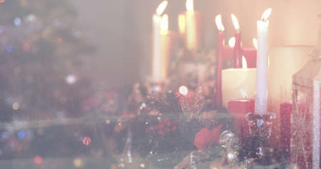 Image of winter landscape and christmas decoration. christmas, tradition and winter celebration concept digital composite image.の写真素材