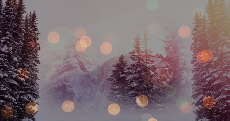 Image of winter landscape over blurred christmas lights. christmas, tradition and celebration concept digitally generated image.の写真素材