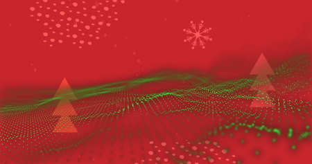 Image of snow falling over christmas decorations and fir trees with green mesh on red background. christmas, tradition and celebration concept digitally generated image.の写真素材