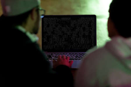 Back view of two diverse male colleagues at desk using computer with coding on screen. coding,...