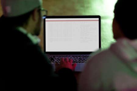 Back view of two diverse male colleagues at desk using computer with coding on screen. coding,...