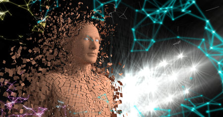 3d rendered brown male digital avatar of cyborg with pixelated global connection network. futuristic technology conceptの写真素材