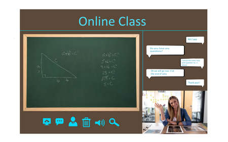 Video call interface with caucasian female teacher on screen. communication technology and online elementary education digital composite image.の写真素材