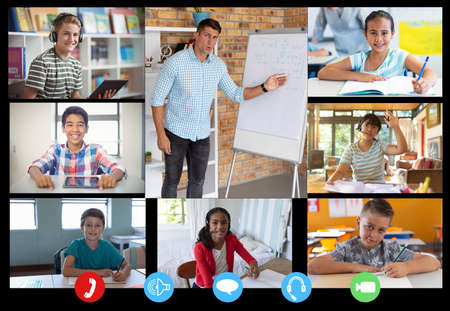 Video call interface with caucasian male teacher and schoolchildren on screen. communication...