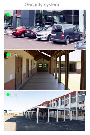 Composition of three security camera screens with live text digital interface, car park and offices....