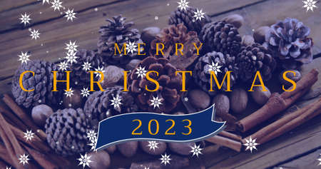 Image of merry christmas text over pine cones and snow falling. christmas, winter, tradition and...