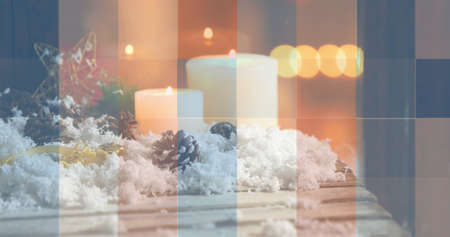 Image of squares in red, white and blue of flag of america, christmas decorations and candles. patriotism, tradition, christmas and celebration concept digitally generated image.の写真素材