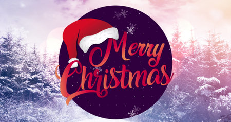 Image of merry christmas text over fir trees. christmas, tradition and celebration concept digitally generated image.の写真素材