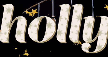 Image of holly text over falling stars and christmas decorations. christmas, tradition and...