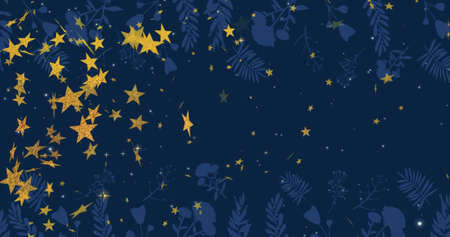 Image of stars falling at christmas over leaves. christmas, winter, tradition and celebration concept digitally generated image.の写真素材