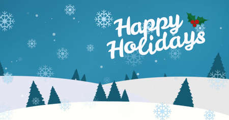 Image of happy holidays text at christmas over snow falling. christmas, winter, tradition and celebration concept digitally generated image.の写真素材