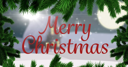 Image of merry christmas text over winter scenery and snow falling. christmas, winter, tradition and celebration concept digitally generated image.の写真素材
