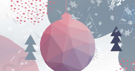 Image of snow falling over christmas bauble and trees. christmas, tradition and celebration concept digitally generated image.の写真素材