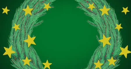 Image of yellow stars over christmas wreath on green background. christmas, tradition and celebration concept digitally generated image.の写真素材