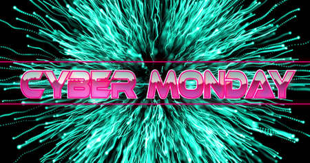 Image of cyber monday text in metallic pink letters over neon lines and green fireworks. online shopping, retail and savings concept digitally generated image.の写真素材