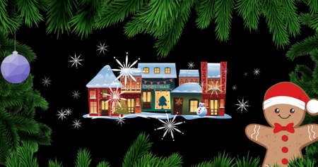 Image of snow falling over christmas decorated houses. christmas, winter, tradition and celebration...