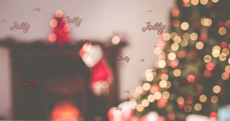 Image of jolly text in repetition over christmas tree. christmas, winter, tradition and celebration concept digitally generated image.の写真素材