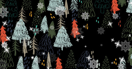 Image of snow falling over fir trees at christmas. christmas, winter, tradition and celebration...