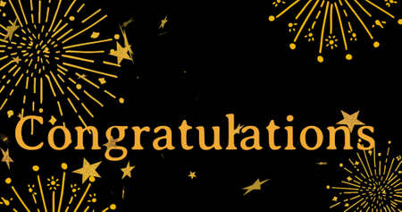 Image of congratulations text with fireworks and stars on black background. party and celebration concept digitally generated image.の写真素材