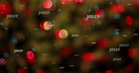 Image of jolly text in repetition at christmas over snow falling and light spots. christmas, winter, tradition and celebration concept digitally generated image.の写真素材