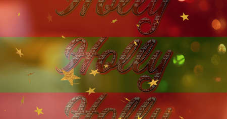Image of holly text in red and white pattern, on red and green stripes with gold christmas stars. christmas, tradition and celebration concept digitally generated image.の写真素材
