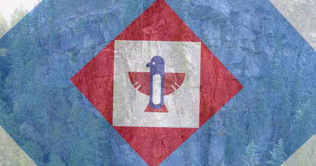 Image of squares and bird in red, white and blue of flag of america over forest and waterfall. patriotism, independence and celebration concept digitally generated image.の写真素材