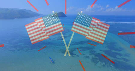 Image of two crossed flags of america and red stripes over sunny beach and ocean. patriotism, independence and celebration concept digitally generated image.の写真素材