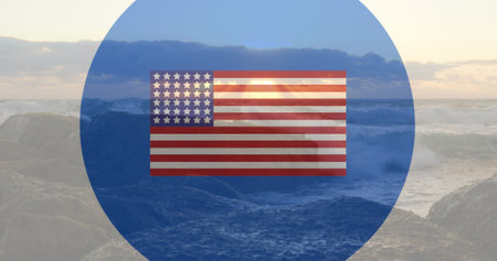 Image of flag of america and red, white and blue circles over coast at sundown. patriotism, independence and celebration concept digitally generated image.の写真素材