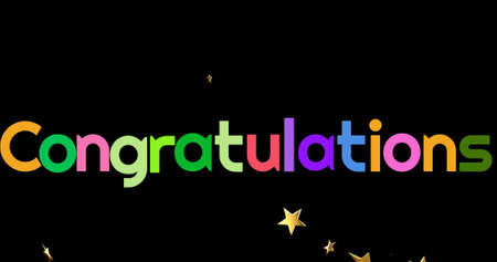 Image of colourful congratulations text and stars on black background. party and celebration concept digitally generated image.の写真素材