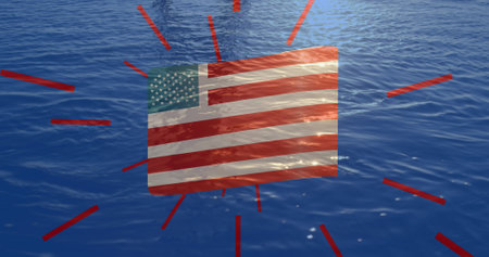 Image of flag of america and red stripes over blue ocean. patriotism, independence and celebration concept digitally generated image.の写真素材