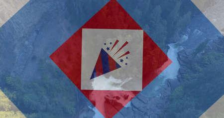 Image of squares and party cone in colours of flag of america over forest and waterfall. patriotism, independence and celebration concept digitally generated image.の写真素材
