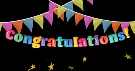 Image of congratulations text with decorations and stars on black background. party and celebration concept digitally generated image.の写真素材