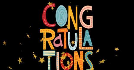 Image of colourful congratulations text and stars on black background. party and celebration concept digitally generated image.の写真素材