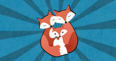 Image of illustration of happy fox parents embracing cub, on rotating blue radial stripes. family, love, health and togetherness concept digitally generated image.の写真素材