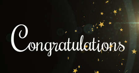 Image of congratulations text and stars on black background. party and celebration concept digitally generated image.の写真素材