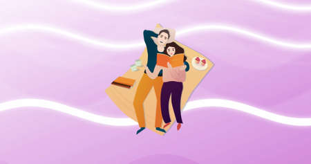 Image of illustration of happy couple lying on picnic blanket reading, on pink background. love, health and togetherness concept digitally generated image.の写真素材