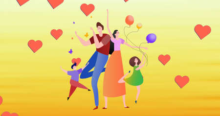 Image of illustration of happy family dancing with balloons and red hearts on yellow background. family, celebration, love, health and togetherness concept digitally generated image.の写真素材