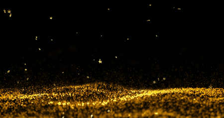 Image of yellow spots and stars on black background. party and celebration concept digitally generated image.の写真素材