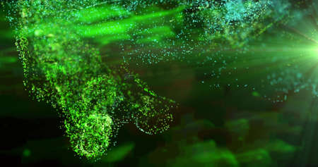 Image of green particle cloud and light moving on black background. movement, energy and form, abstract interface background concept digitally generated image.の写真素材