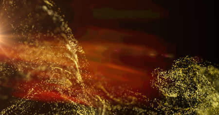 Image of yellow particle cloud and orange light moving on black background. movement, energy and...