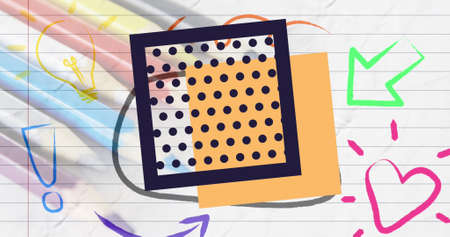 Image of black dot and yellow square over colourful doodles on lined paper. creativity, energy and ideas, abstract interface background concept digitally generated image.の写真素材