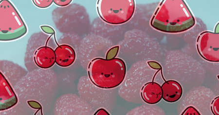 Image of illustration with fruit over fresh raspberries. healthy eating and lifestyle concept digitally generated image.の写真素材