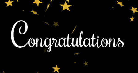 Image of congratulations text and stars on black background. party and celebration concept digitally generated image.の写真素材