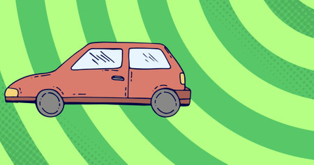 Image of illustration of brown car moving across green curved stripes. transport, movement and colour concept digitally generated image.の写真素材