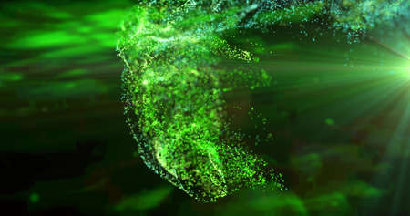 Image of green particle cloud and light moving on black background. movement, energy and form, abstract interface background concept digitally generated image.の写真素材